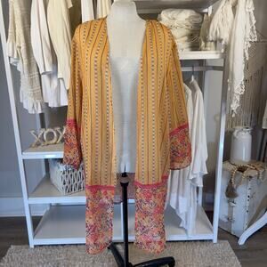 Indigo thread, CO. Plus size 2X orange, and pink kimono., ruana, layering #1448